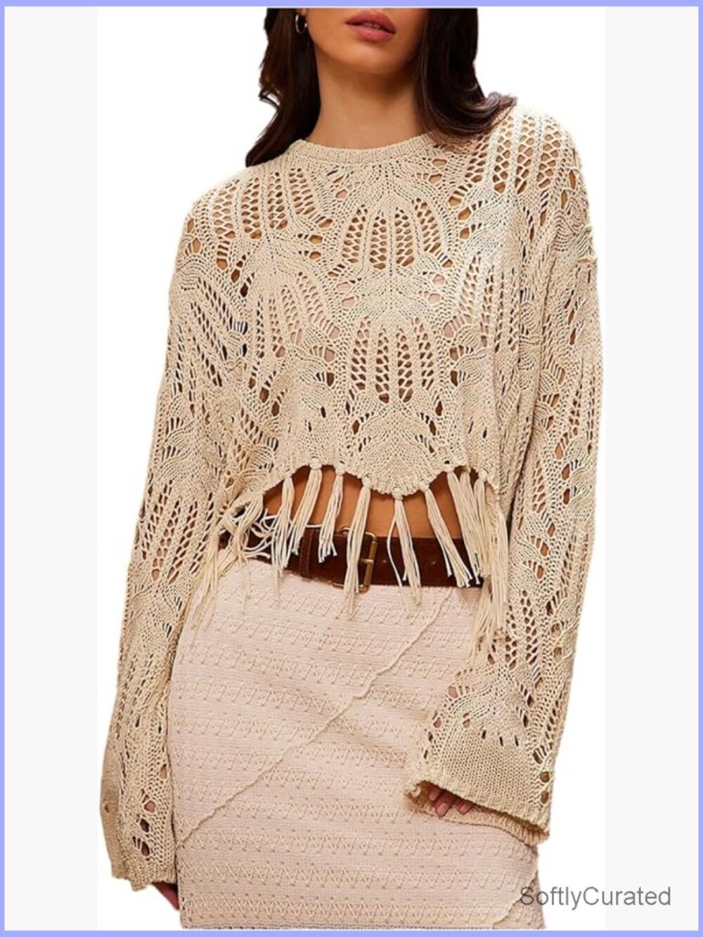 Crochet Poncho Boho Fringe Long Sleeve Knit Crop Top Western Rave Cowgirl Outfit